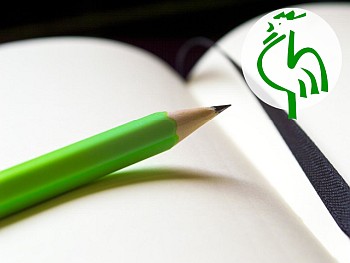 Ein Stift auf einem Buch mit dem grünen Gockel.
